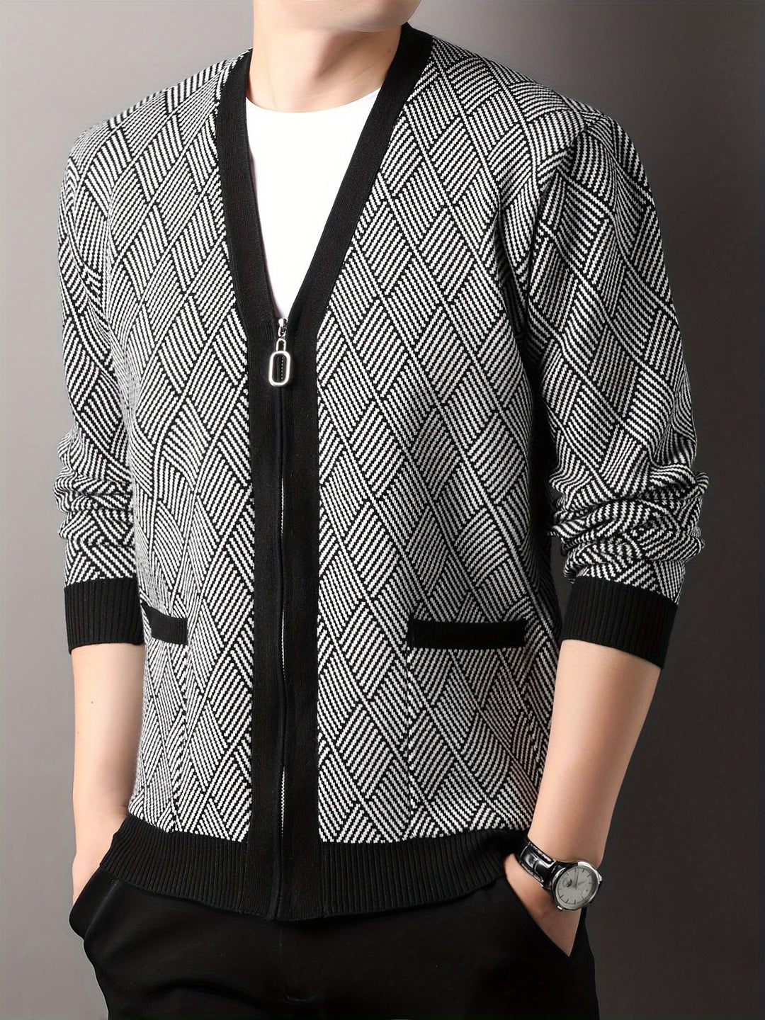 ROCKO | Cardigan décontracté pour homme avec fermeture éclair et col en V