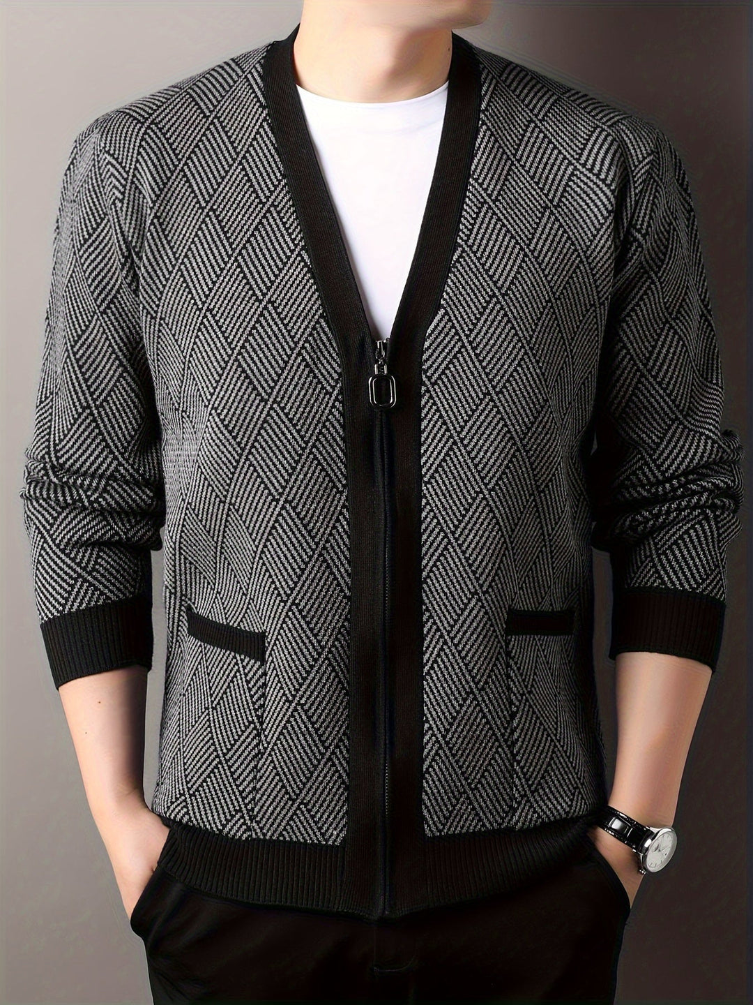 ROCKO | Cardigan décontracté pour homme avec fermeture éclair et col en V